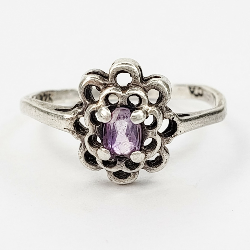 CA Ring Sterling Silver 925 Size 7.25 Purple Flower Amethyst Gemstone Vintage